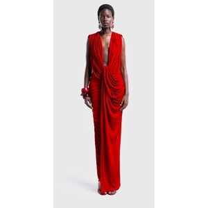 BBXBRAND Red Rope Detail Draped Plunge Maxi Dress XS Ruched Bodycon Formal